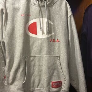 Champion Light Gray Hoodie with Red & White Logo